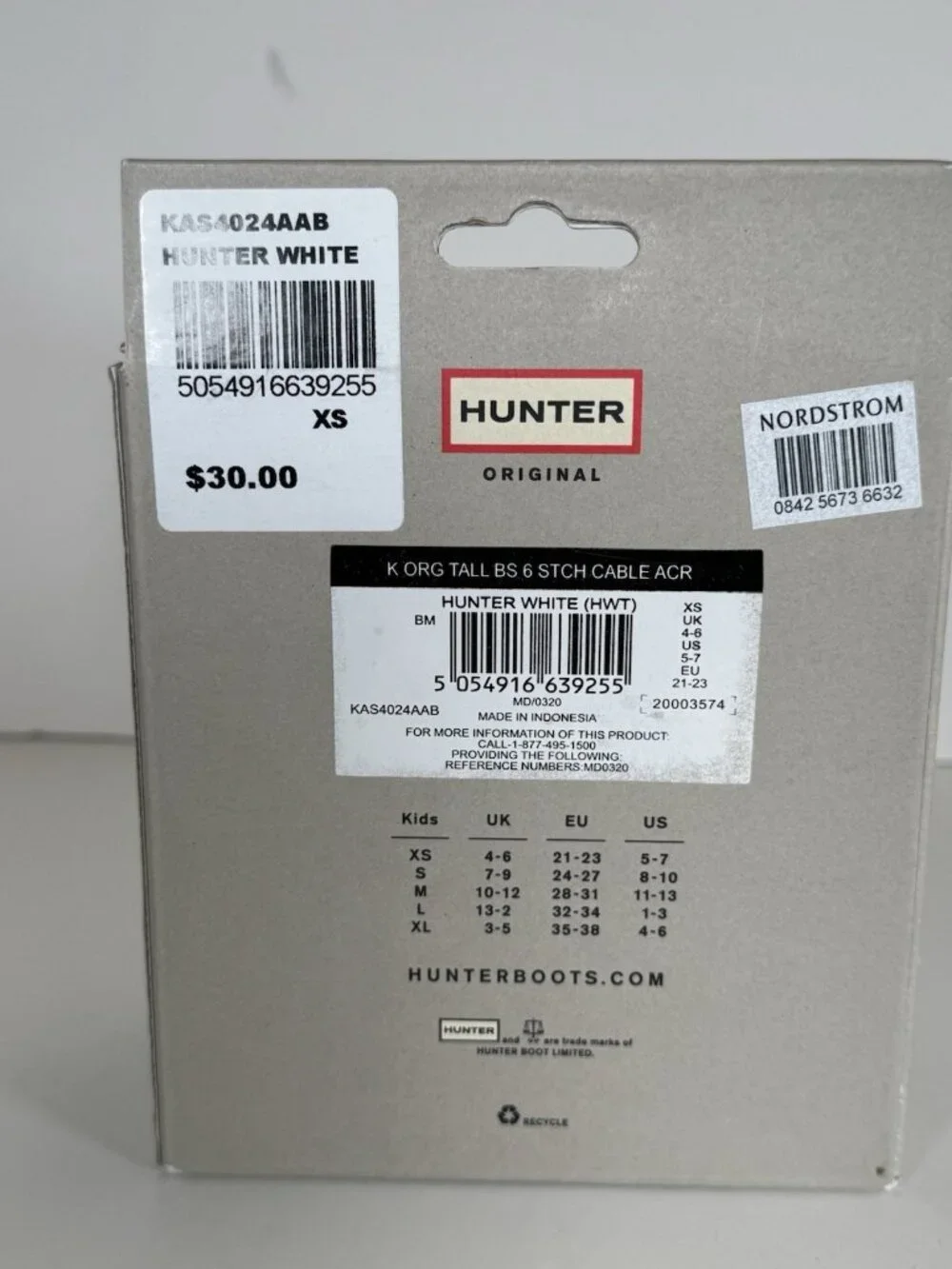 Hunter Boot Socks White Kids XS US Size 5-7 New MRSP $30